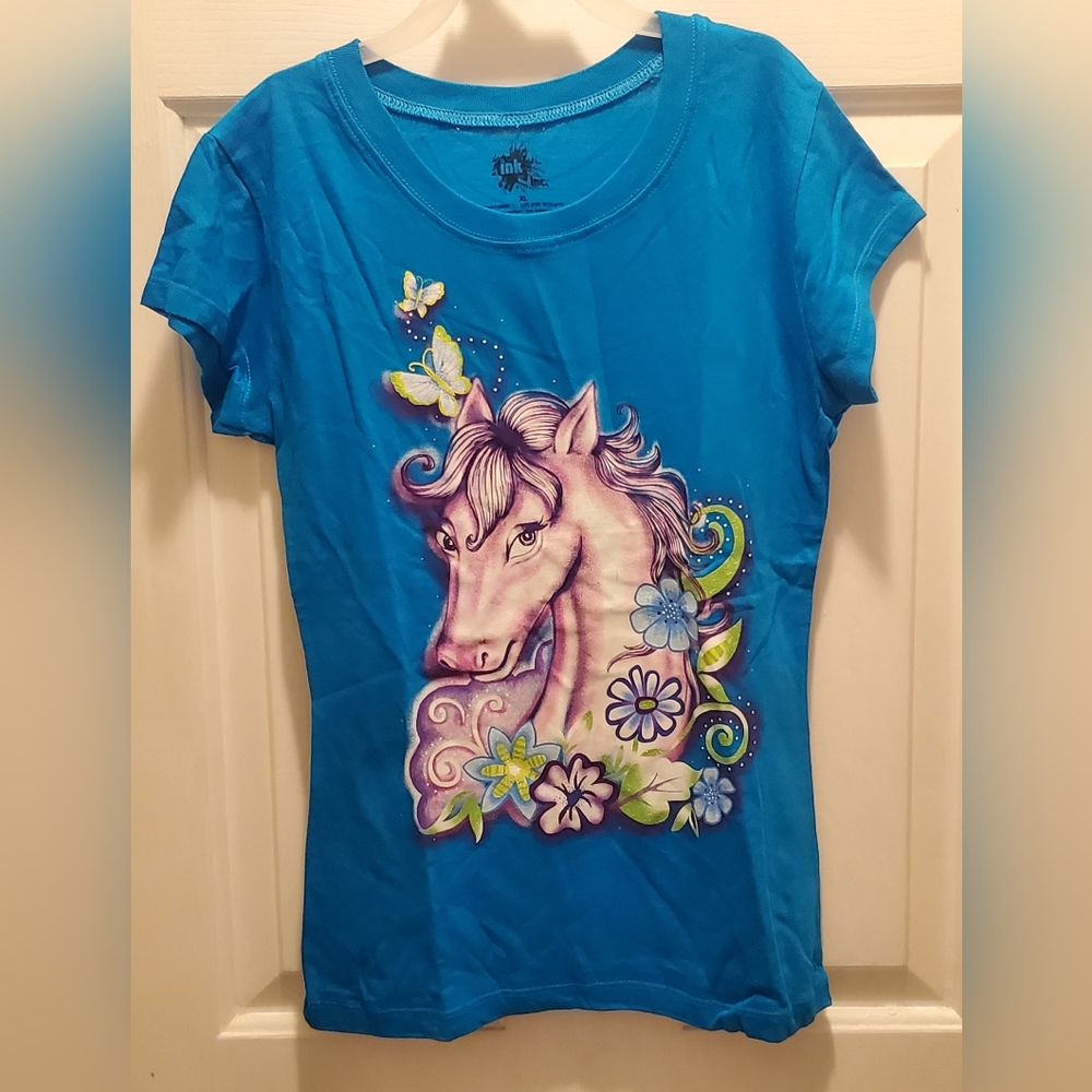 Girl's Size XL Turquoise Horse With Flowers Graphic Tee